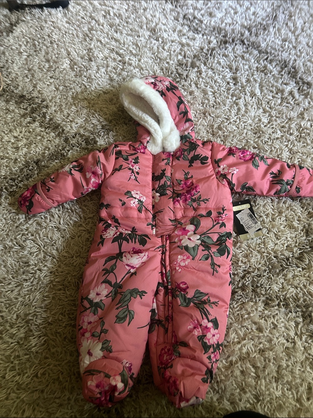 The Childrens Place Pink Floral Infant Snowsuit with Hood